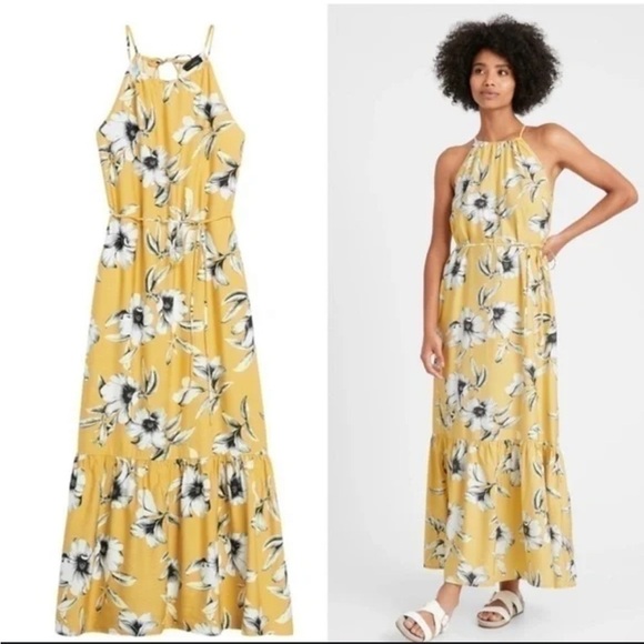 Banana Republic Women's Size 6 Tiered-Hem Maxi Dress Floral Strappy Yellow - Picture 1 of 6